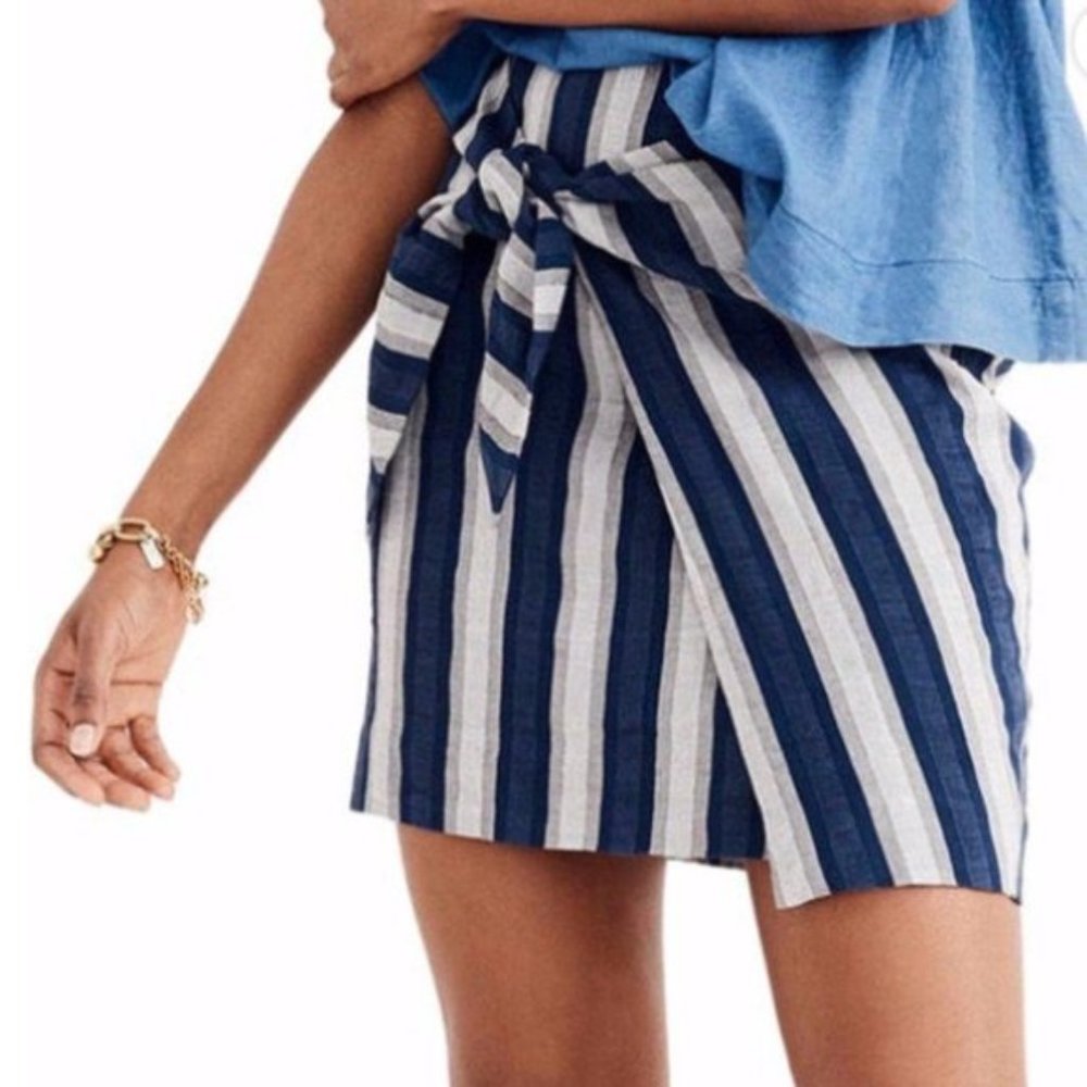 NWOT Madewell Striped Blue Faux Wrap Skirt, Size 8